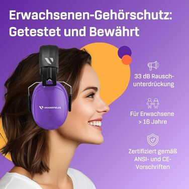 Навушники Vanderfields Premium для захисту від шуму - широколисна звукоізоляція 36,1 dB при 2 K Hz шумі - для дорослих та підлітків - подвійний рожевий (фіолетовий)