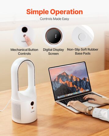 Безлопатевий вентилятор VEVOR 330 мм, портативний USB-вентилятор, 6 режимів, тихий, з LCD-дисплеєм, для дому, офісу, дитячої кімнати