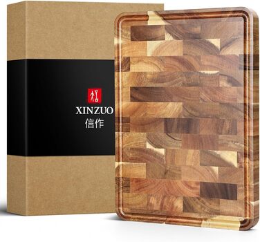 Дошка для нарізки з акації XINZUO 35x25x2,6 см, торцевий зріз, з ручками, антиковзними ніжками і жолобом для соку – кухонна дерев'яна дошка для м'яса та овочів