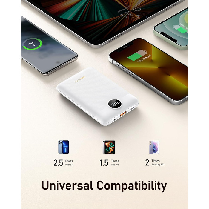 Powerbank VEEKTOMX 10000mAh: компактний зарядний пристрій з PD3.0 та QC3.0, USB-C, для iPhone/iPad/Samsung/Huawei/Xiaomi/OnePlus, білий