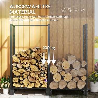 Стильна полиця для дров Outsunny (Aosom) – 123 x 32 x 115 см. Міцна сталева конструкція, що складається з двох секцій, має три гачки та витримує до 200 кг. Ідеально підходить для використання як на відкритому повітрі, так і в приміщенні.