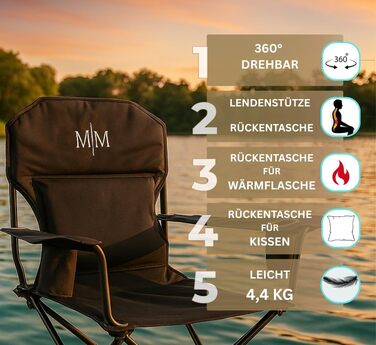 Складний туристичний стілець McMAISE® чорного кольору, до 150 кг, з кишенею для подушки/термосу, поворотний на 360°