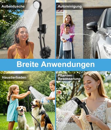 WADEO Portable Camping Shower Battery with Pump, Camping Shower with Rechargeable 6000/8000mAh Battery, Mobile Showers Outdoor Showers with Shower Head and Hose, for Camping, Travel, Garden, Car Washing (Black, 10 Gänge and with Double Digital Display)