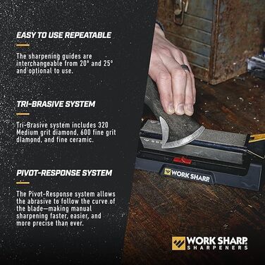 Професійний точильний камінь WORK SHARP для ножів з кутом 20°/25°, 3 зернистості (320, 600, кераміка), для кухонних та туристичних ножів