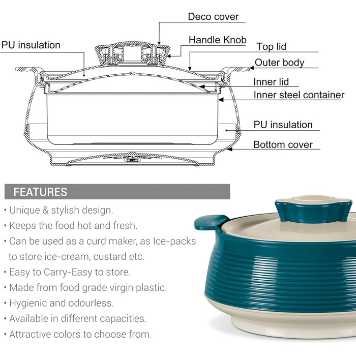 Milton Venice Jr. Insulated Stainless Steel Casserole Set of 3 (450 ml, 850 ml, 1.35 Litres), Marble Green | BPA Free | Food Grade | Easy to Carry & Store | Ideal for Chapatti / Roti