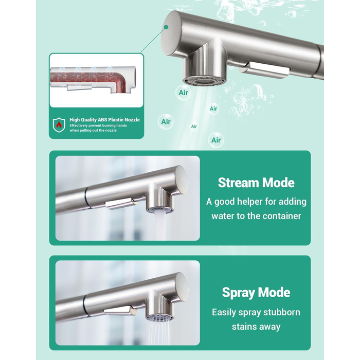 Кухонний змішувач Dayone з висувною лійкою, нержавіюча сталь SUS304, високий тиск, 2 функції, поворотна лійка 360°, L-подібна форма, G6808bn