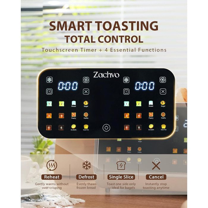 Тостер на 4 шматочки з сенсорним екраном та таймером – нержавіюча сталь, довгі слоти, 2 незалежні зони температури, підставка для бургерів та сендвічів, 6 програм, срібний колір