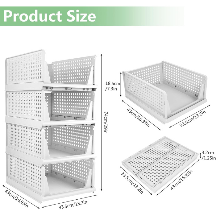 Diealles Stackable Drawer Boxes, 4 Pack Closet Organizer Pull Out, Plastic Drawer Organizer Closet, Foldable Closet Drawers for Clothes Closet Pantry (White)