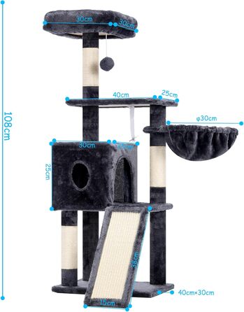 Котячий будиночок Hey-brother Kratzbaum 108 см, багатоярусний котячий комплекс з когтеточками, рампою, кошиком, будиночком та іграшкою-помпоном (димно-сірий), MPJ007SW