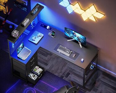 Ігровий стіл Coleshome з LED підсвічуванням, 130x100 см. Стіл з шухлядами та розетками, кутовий стіл з полицею та місцем для зберігання, 130x100 см (чорний, карбон)