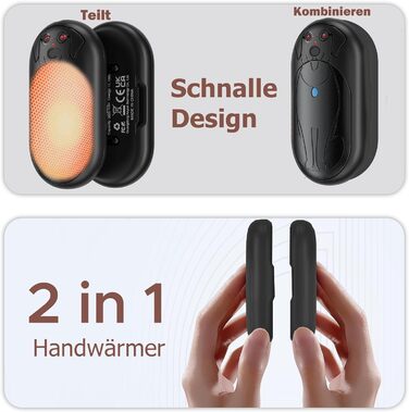 Електричні грілки для рук 6000mAh (2 шт.) - багаторазові, USB-C, 3 режими нагріву, подарунок для жінок, чоловіків, дітей, для катання на лижах, піших прогулянок, чорний