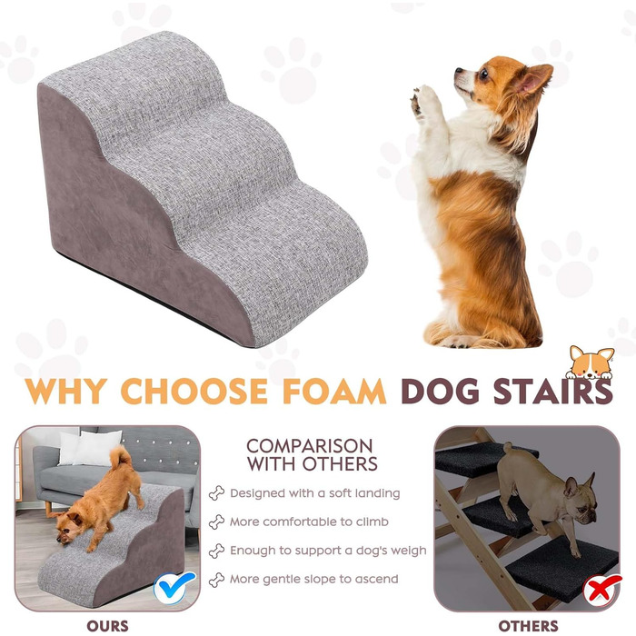 Сходинки для собак на 3 сходинки, 60 см, сірі. Підходять для маленьких собак та котів похилого віку. Для ліжка, дивану.