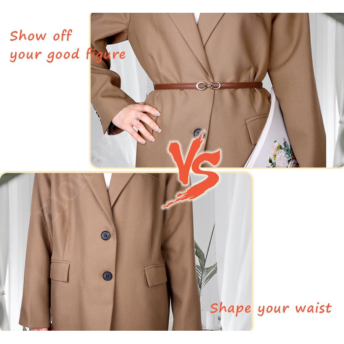 2 жіночі шкіряні ремені Skinny: тонкий, витончений, з золотою пряжкою для суконь та пальто (чорний+білий)