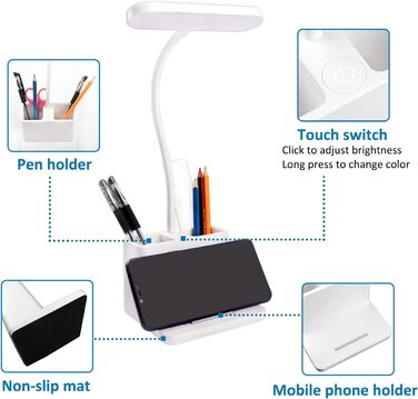 LED настільна лампа з регулюванням яскравості, 3 кольори та 3 рівні освітлення, 5W USB перезарядна лампа зі стійкою для ручок та тримачем для телефону, дитяча лампа з сенсорним керуванням для читання та навчання