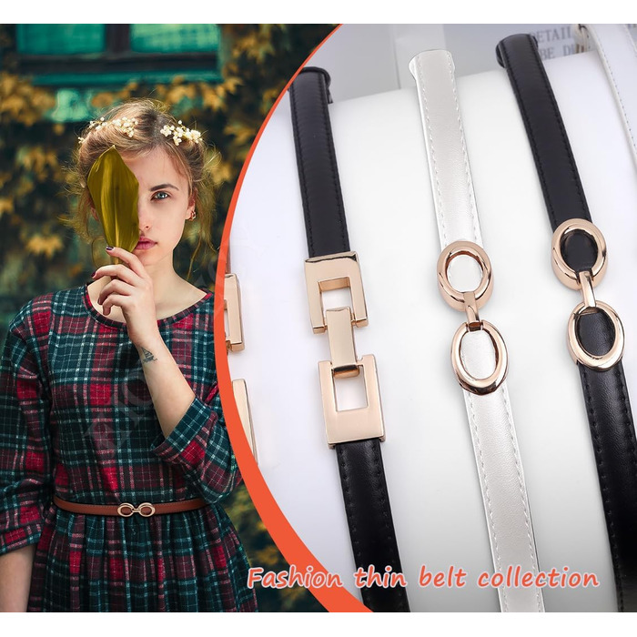 2 жіночі шкіряні ремені Skinny: тонкий, витончений, з золотою пряжкою для суконь та пальто (чорний+білий)