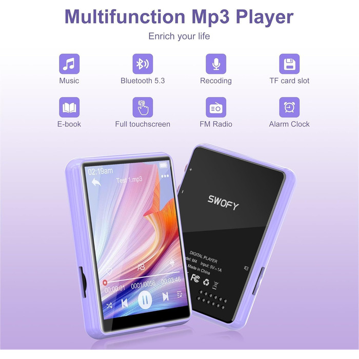 MP3 плеєр SWOFY 128GB Bluetooth 5.3, фіолетовий: музичний плеєр з сенсорним екраном 2.4