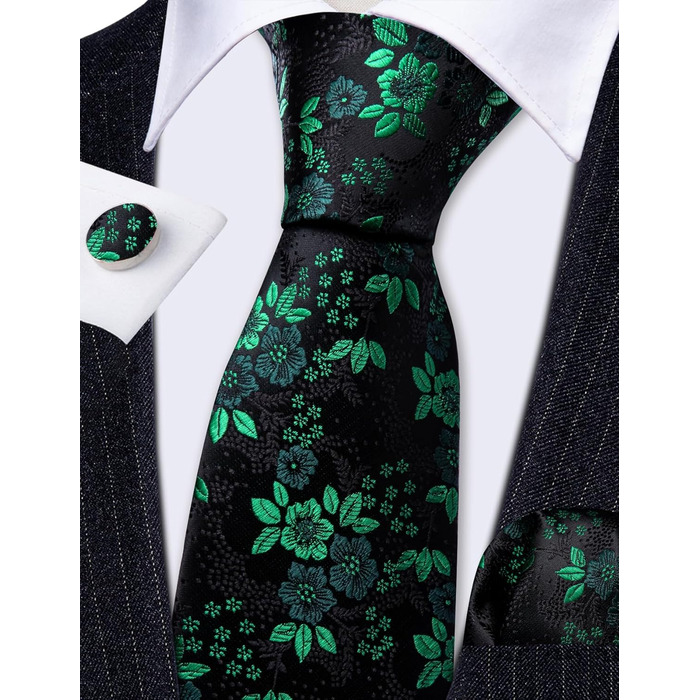 Комплект краваток Barry.Wang: краватка, кишеньковий хустинка та запонки. Чорний колір з зеленим квітковим візерунком, для весілля та ділових зустрічей
