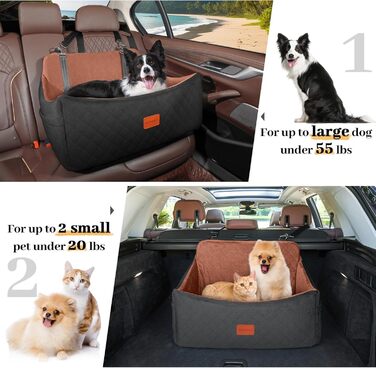 Wooaidagg Dog Car Seat for Medium & Large Dogs - Washable Memory Foam Pet Bed with 2 Leashes (Black/Brown)
