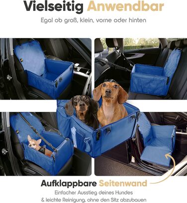 Extra Stable Dog Car Seat - Reinforced Walls & 5 Straps - Waterproof Dog Car Seat for Rear & Front Seat (Standard Size) - Blue