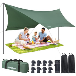 Водонепроникна тента Tarp 3.7 x 4.3 м з підтримкою, ультралегка, з отворами, штирями, нейлоновою мотузкою, захист від УФ та дощу, для наметів, гамаків, подвір'я, сонцезахисту на пляжі (зелена)