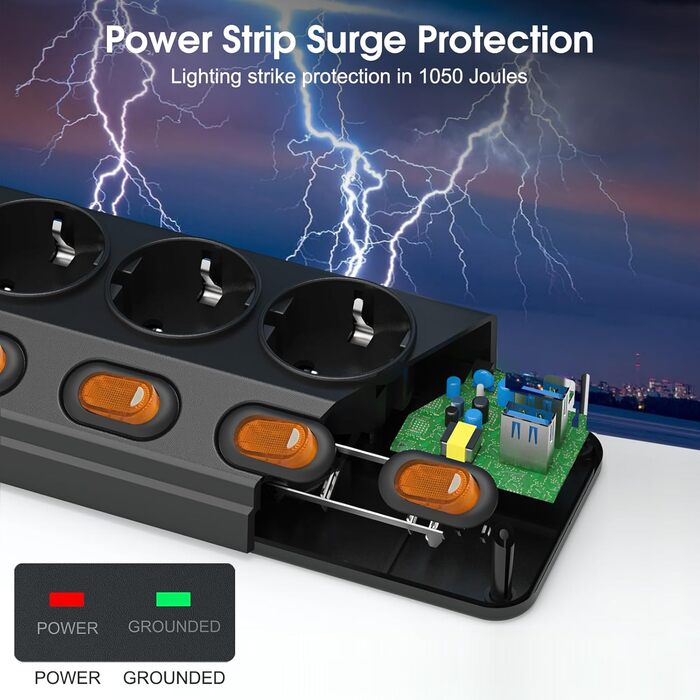 Мережевий фільтр 6-фазний з індивідуальним вимикачем, USB-C (PD 20W) та 2 USB-A, захист від перенапруги (3680W/16A), 3м кабель, чорний