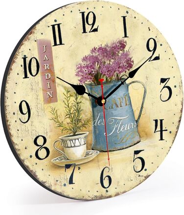 Toudorp Wooden Wall Clock 14 Inch Arabic Numerals Easy to Read Silent Wall Clock Retro Battery Operated Cafe and Flower Pattern Decorative Wall Clock for Bedroom, Living Room, Dining Room