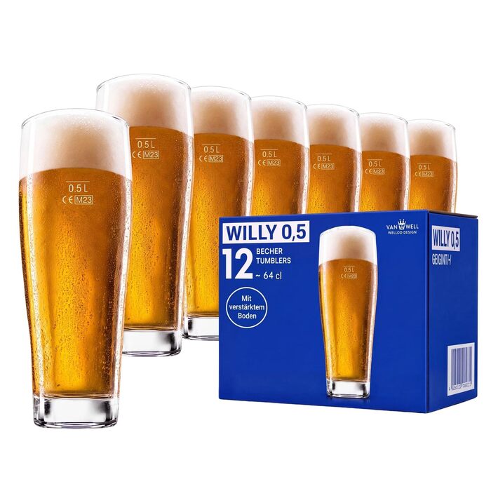 Набір пивних келихів Van Well Willibecher 0,5 л, 12 шт — місткі склянки Pint преміум-якості для гастрономії, підходять для посудомийки