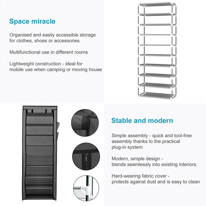 INTIRILIFE Folding Wardrobe 170x58x28 cm in - with Zipper Fabric Wardrobe Clothes Closet Shoe Shelf with 9 Storage Compartments - Camping Folding Cabinet Textile Wardrobe (Ash Grey)