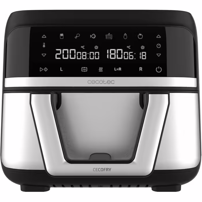 Cecotec Oil-Free Hot Air Fryer - 9L divisible into 2 - Air Fryer Cecofry Dual 9000. 2850W, dietary and digital, touch panel, dual temperature control, 6 modes, PerfectCook technology Black and Stainless Steel 1 9L basket + divider