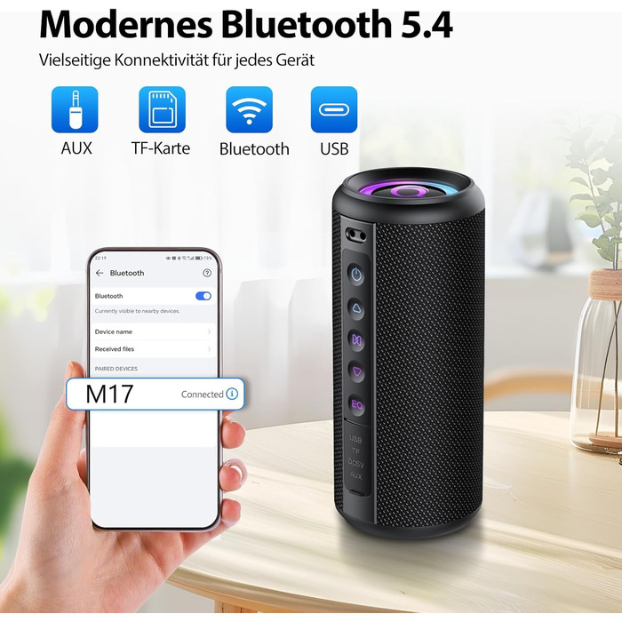 Bluetooth колонка 2026 з RGB підсвіткою, портативна, водонепроникна IPX7, з мікрофоном, для дому, саду та подорожей, чорна