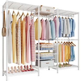 Heavy Duty Clothes Rack with Adjustable Shelves & Baskets - 320kg Capacity, White