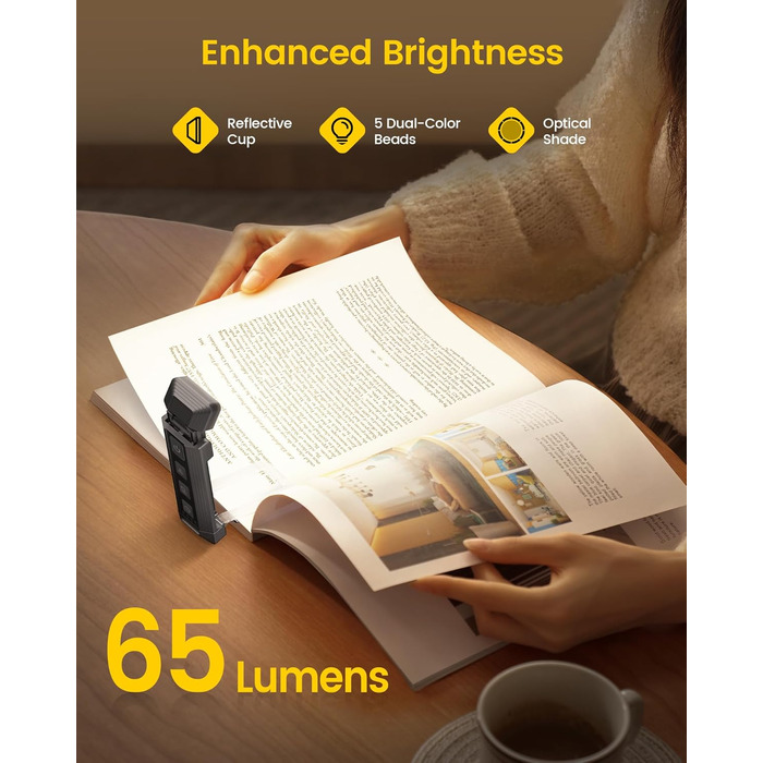 Лампа для читання Glocusent з кріпленням-прищіпкою, 5 режимів яскравості, 3 кольори, таймер, нічник, 65 lm, USB-зарядка, сірий колір
