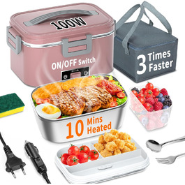 Electric Lunch Box 100W, 3-in-1 Portable Heated Lunch Box, Removable Stainless Steel Lunch Container, 12V/24V/220V Insulated Food Warmer for Car/Truck/Office, With Insulated Bag and Sponge (Pink, 1.8 L)