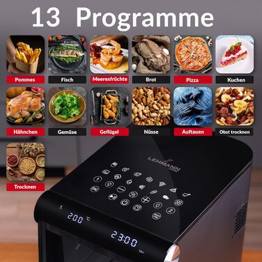 Фритюрниця без олії LEHMANN з 2 камерами, 2400 Вт, AirFryer XXL з 12 програмами, до 200°C, WiFi, 11л – для смаження, випікання, сушіння, грилю
