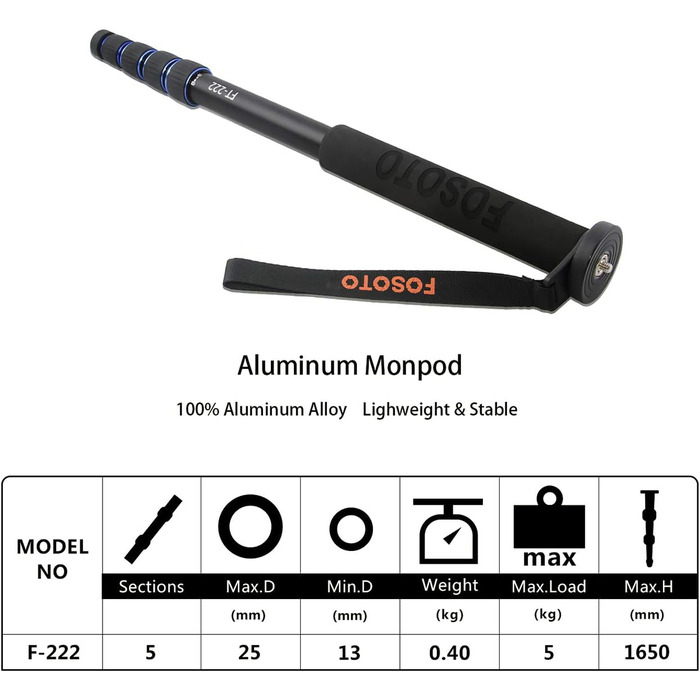 Штатив для камери FOSOTO з алюмінію, 5 секцій, 165 см, чорний + синій (сумісний з Canon, Nikon, Sony, Panasonic, DSLR)