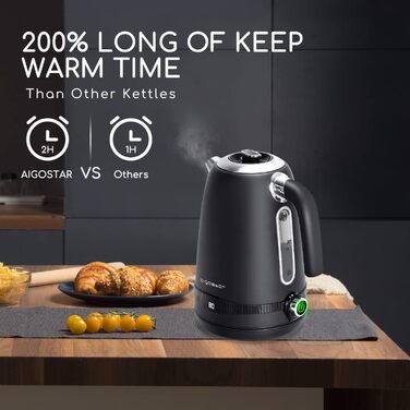 Електричний чайник Aigostar з регулюванням температури 1,7 л, ретро-дизайн, чорний матовий, цифровий дисплей, функція підтримання тепла, без пластику всередині, BPA-free