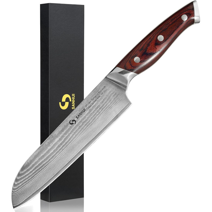 Кухонний ніж Damast Profi - ніж Santoku з дамаської сталі (67 шарів), ручка Pakkawood, подарункова коробка - професійний ніж для кухні 7 дюймів