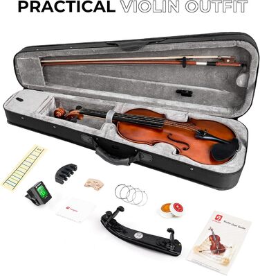 Скрипка Vangoa 4/4 з масиву дерева, набір для початківців, акустична, з кейсом, підставкою, смолою, струнами, інструкцією, демпфером, наклейками для нот, для дорослих, дітей та підлітків