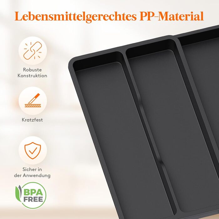 Органайзер для столових приладів Lifewit в шухляду, розширюваний (43.9 см), чорний, 23-37 x 40 x 4.6 см - для кухні, ложок, ножів, лопаток