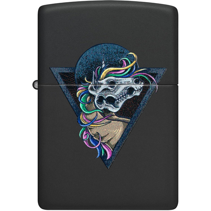 Запальничка Zippo з черепом коня, чорний матовий корпус, ефект Black Light, заправна, вітростійка, подарункова коробка, США