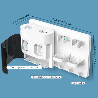 Automatic Toothpaste Dispenser, DENSAIL Toothbrush Holder for Wall Mounting with Dust-Proof Cover and 2 Toothpaste Dispensers, 2 Electric Toothbrush Holders, and 4 Toothbrush Organizer Slots
