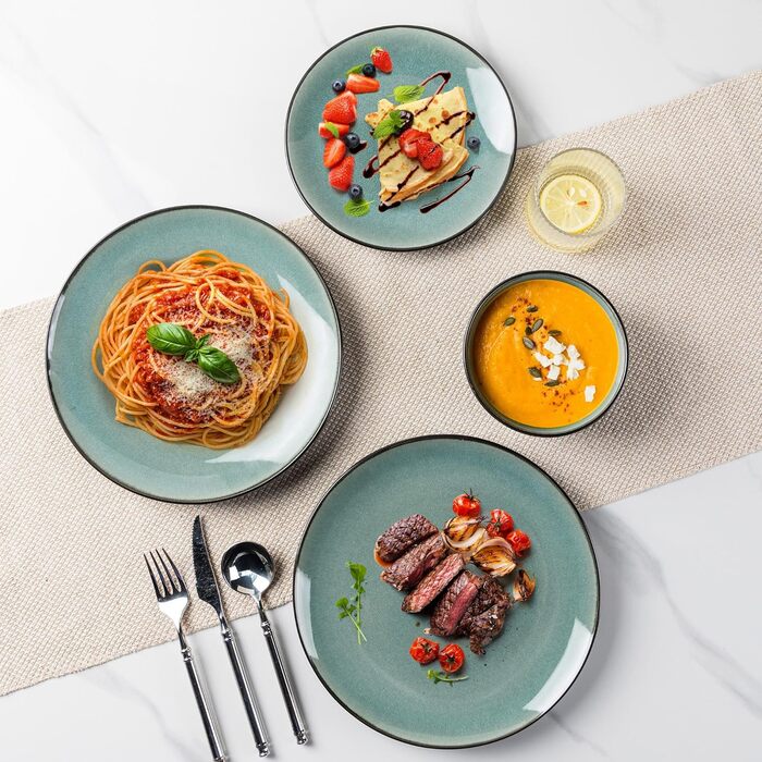 Набір посуду GBhome з каменю, 18 предметів, ручна робота, для 6 осіб, мікрохвильова та посудомийна машини, набір тарілок та мисок, Petrol