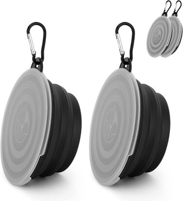 Складані годівниці для собак SLSON, 2 шт., з кришкою та карабінами, для прогулянок, подорожей та повсякденного використання, чорний, маленькі