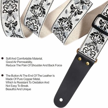 Гітарний ремінь Vintage з вишивкою з бавовни з кінцями з натуральної шкіри для бас-гітари, електро- та акустичної гітари, з безкоштовними кнопками для ремінця, 1 пара замків для ремінця та 4 медіатори D# - Біла квітка