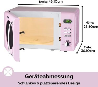 Мікрохвильова піч Wolkenstein Retro WMW720 I 700W, 20L, 5 рівнів потужності, 8 програм, розморожування, LED-дисплей (рожевий)