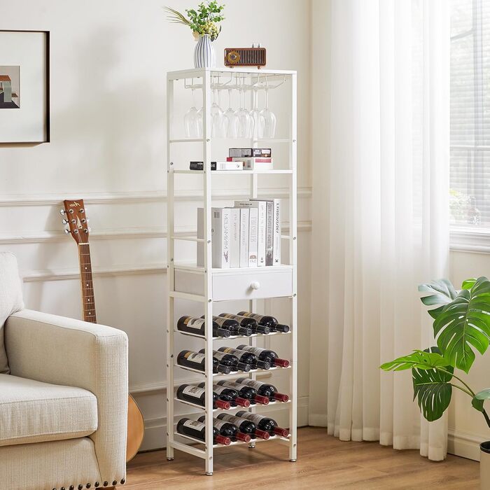 IBUYKE Wine Rack, 4-Tier Freestanding Wine Rack with Glass Holder and Drawer, 16 Bottle Rack Countertop Wine Rack with Tabletop Storage, for Kitchen, Bar, Dining Room, White TMJ905W