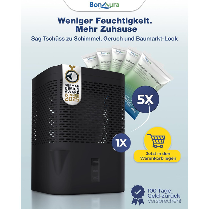 BonAura® Безструменевий осушувач повітря до 23 м² | 360° вентиляція | Осушувач для дому з виливом та 5 x 680 г гранул | Захист від плісняви та неприємних запахів | Осушувач повітря для квартири (Airone Black + 5 X гранул)