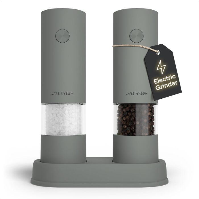Електричні млини для солі та перцю LARS NYSØM (2 шт.) з регульованим керамічним подрібнювачем, працюють від AAA батарейок, сірий колір