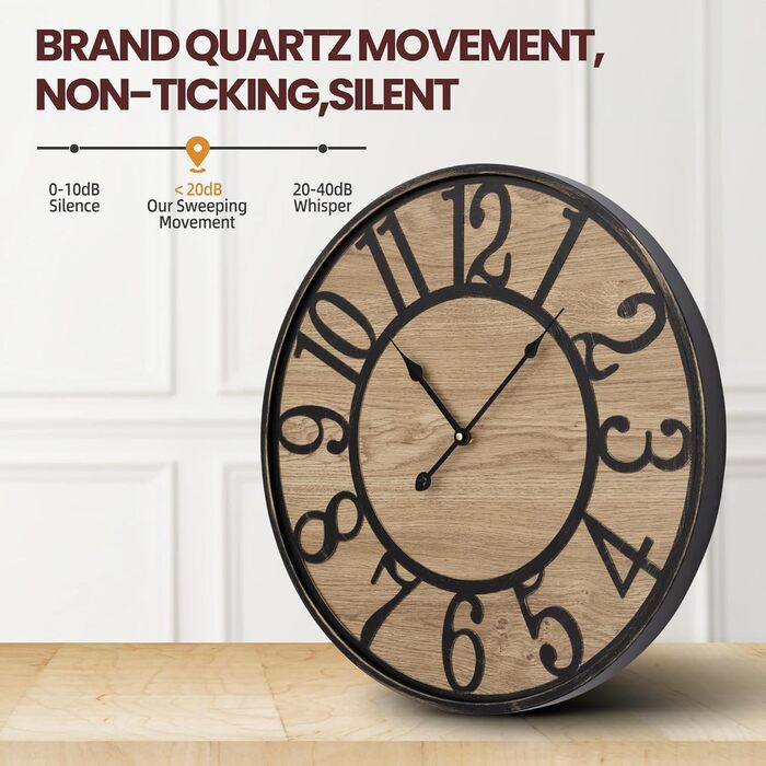 Large Wall Clock Without Ticking, 50 cm / Silent Wood Vintage Wall Clock Retro Battery Operated Modern For Living Room Bedroom, Kitchen, Farmhouse, Office Decoration (24 inches, Antique Bronze Metal - Arabic Numerals)