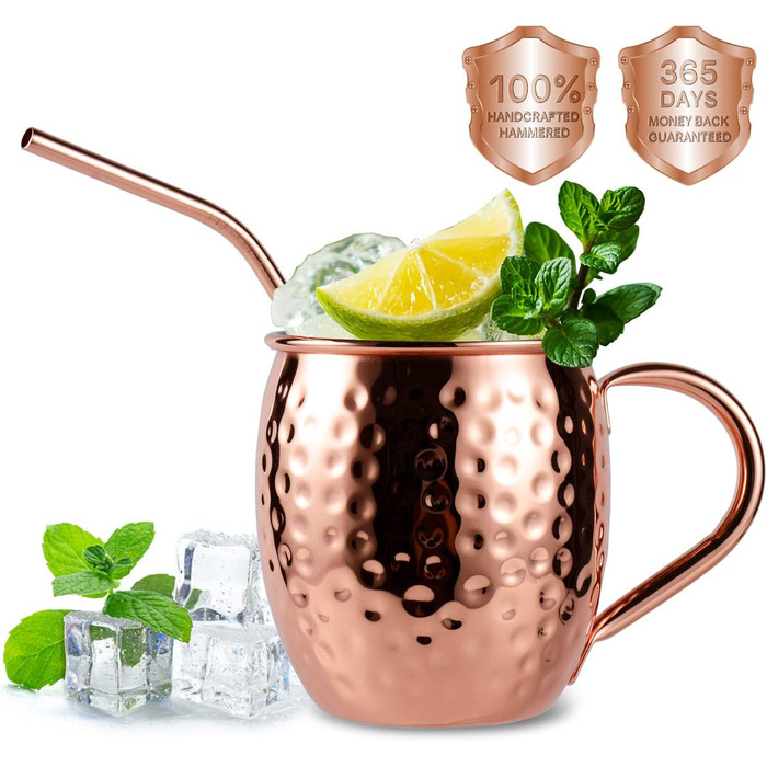 Moscow Mule Copper Mug Set, Handmade, Food-Safe, Copper Mug for Moscow Mule Cocktail, 473 ml, Gift Set with 1 Shot Glass, 4 Straws, and 4 Coasters, 4 Pieces